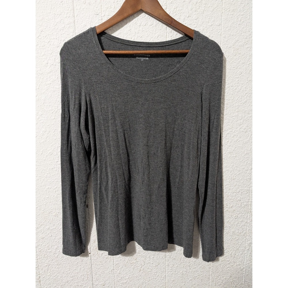 EILEEN FISHER Top S Viscose Stretch Jersey Melange Scoop Neck Long Sleeve Gray